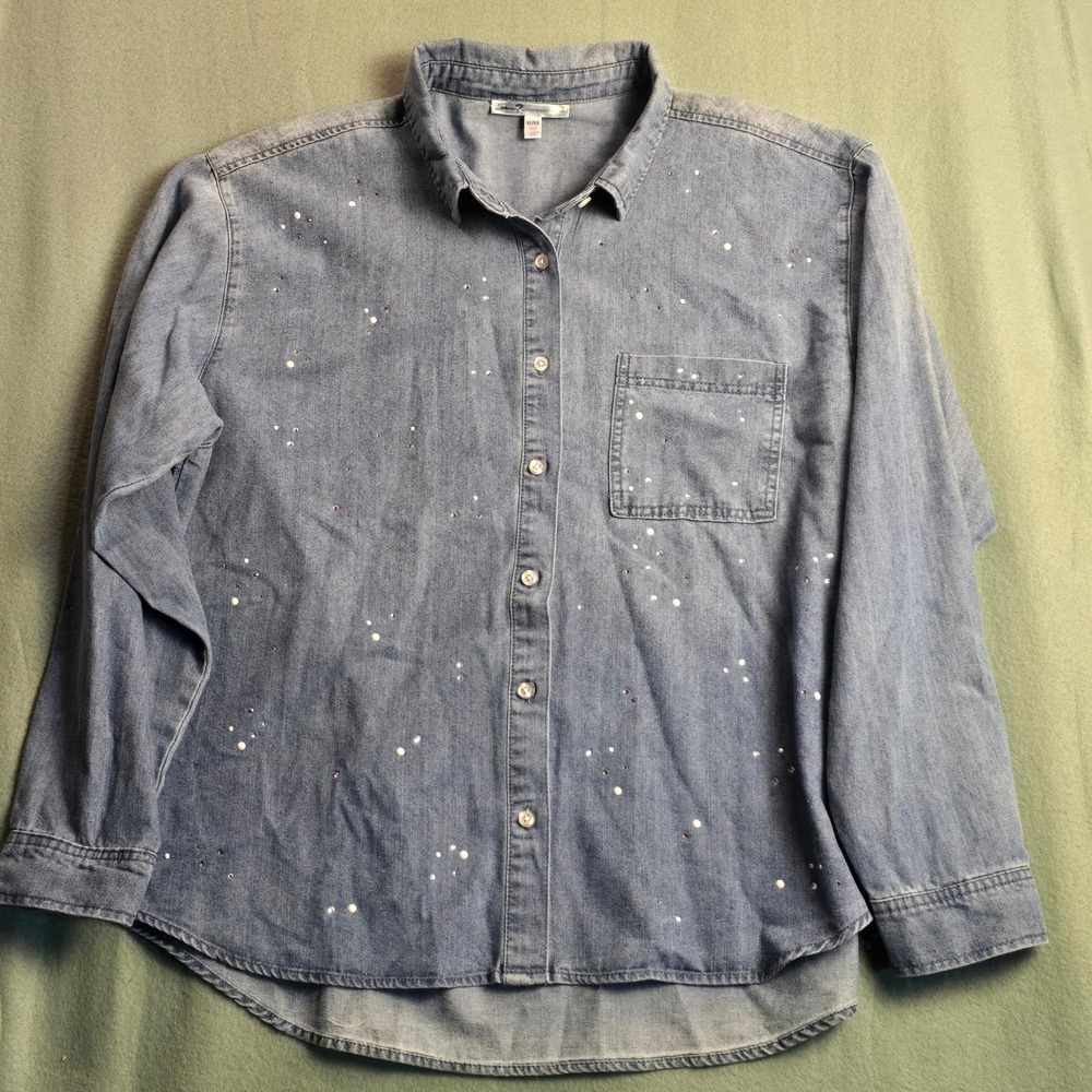 Seven7 Premium Brand Blue Denim Embellished Pearl Rhinestone Shirt Womens XL